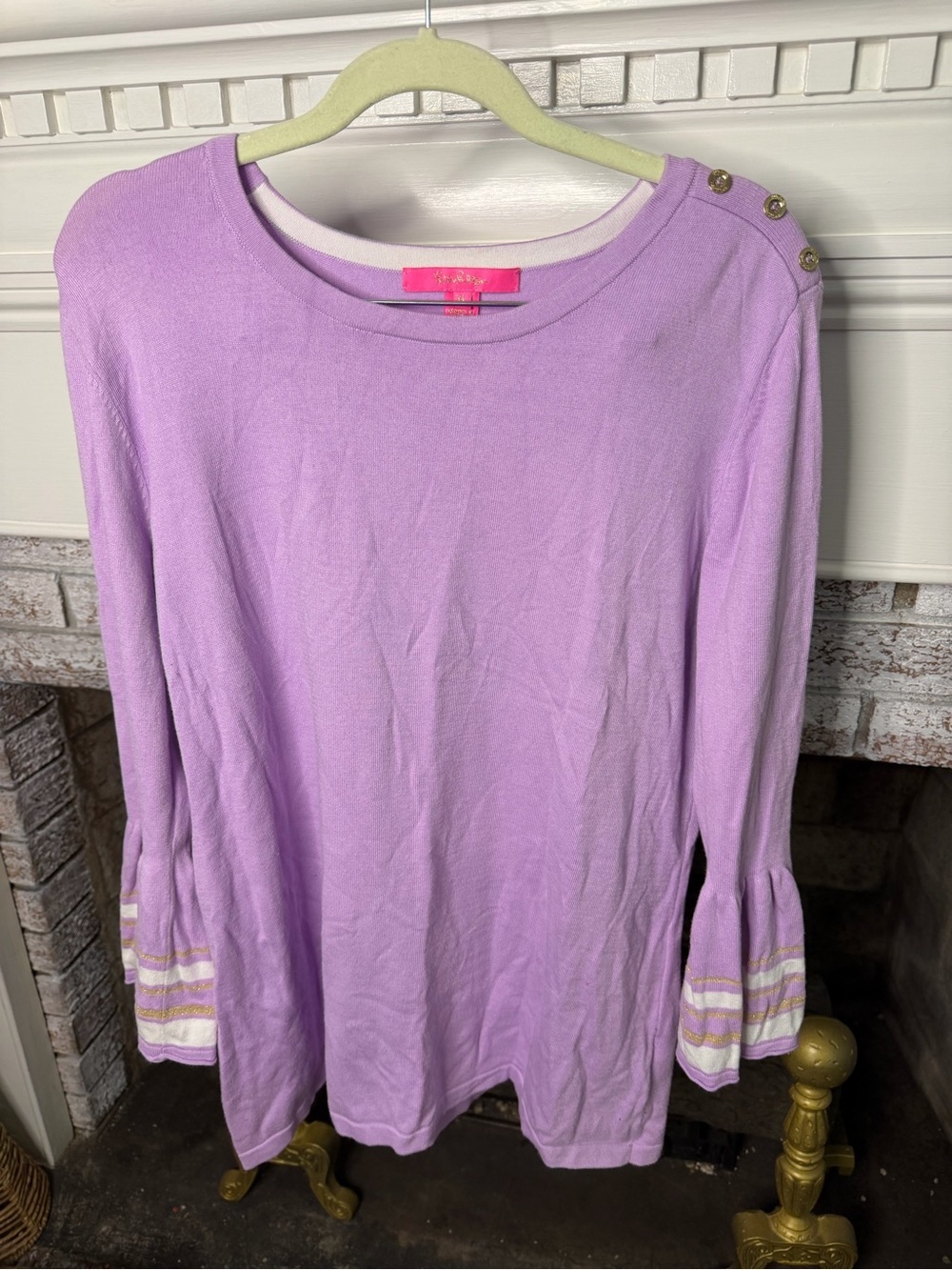 Lilly Pulitzer Lavender Crewneck Sweater with ruffle striped sleeves